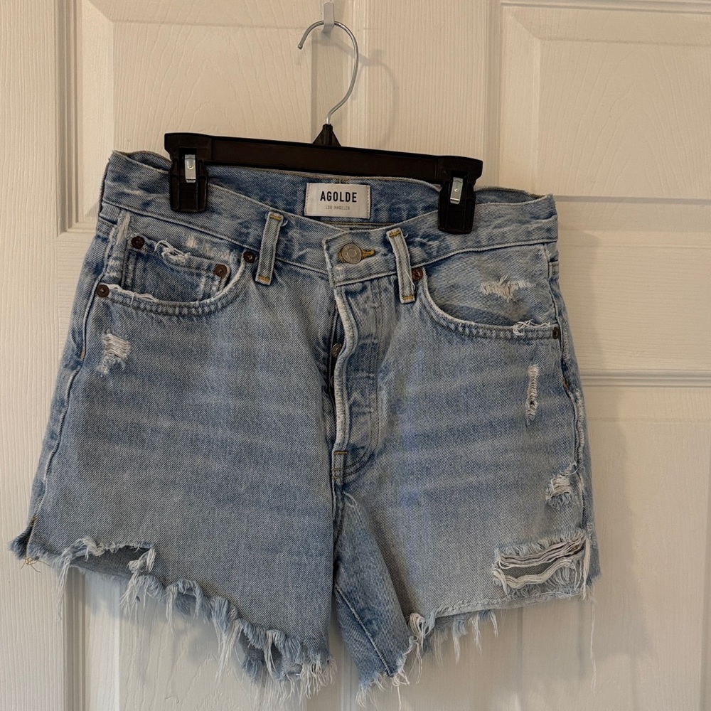 Agolde Women's Frayed Light Blue Jean Shorts Parker long 25